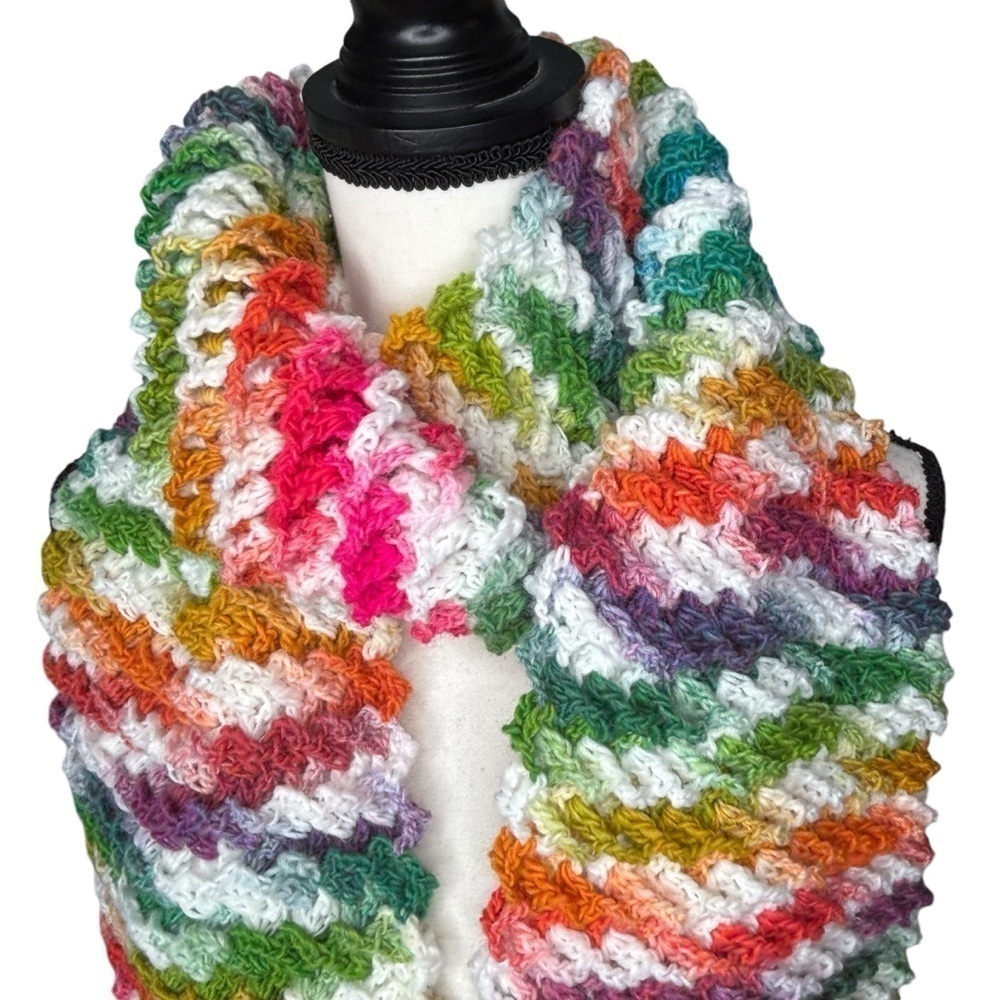 Handcrafted Crochet Scarf Colorful Multicolor Womens Ripple Waffle Stitch Knit - Picture 6 of 16